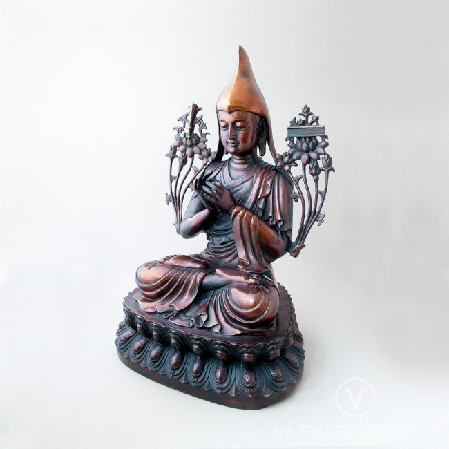 Lama Tsongkhapa Brass Statue with Oxidised Finish, 20 inch