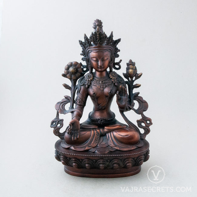 White Tara Brass Statue with Oxidised Finish, 12 inch