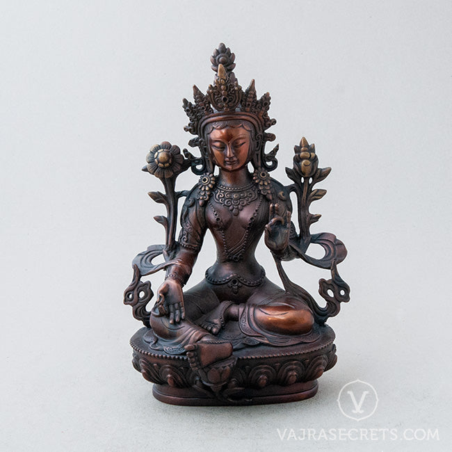 Green Tara Brass Statue with Oxidised Finish, 8 inch