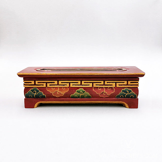 Tibetan Wooden Incense Burner with Pink & Green Cloud Motif (Medium)