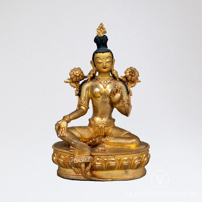 Green Tara Gold Statue, 9 inch