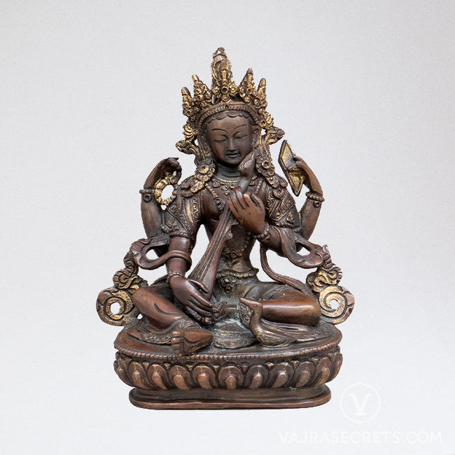 Saraswati (Four-Armed) Copper Statue, 6 inch