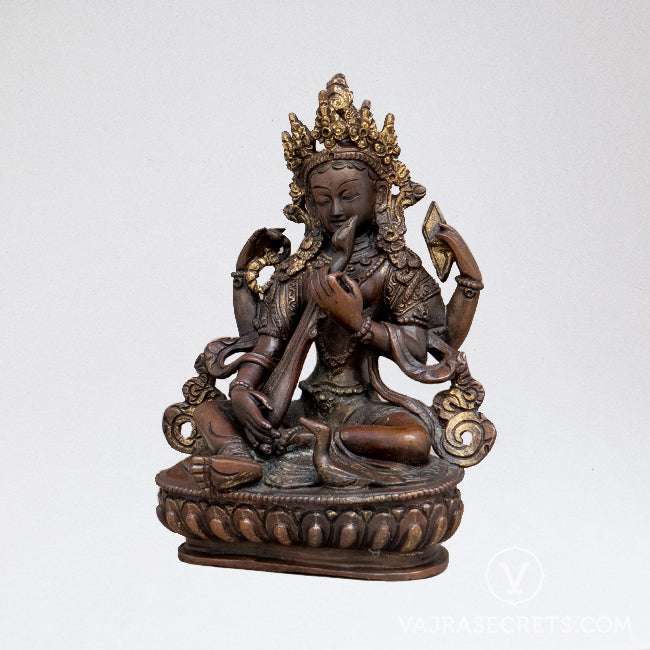 Saraswati (Four-Armed) Copper Statue, 6 inch