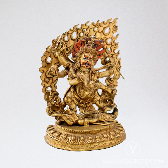 Six-Armed Mahakala Gold Statue, 9 inch