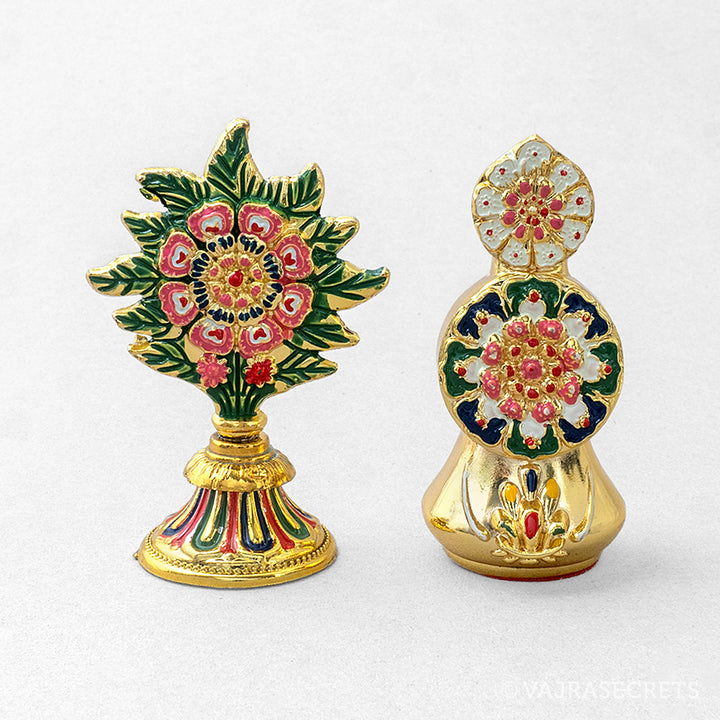 Gold Finish Alloy Flower and Torma Offering Set, 3.25 inch