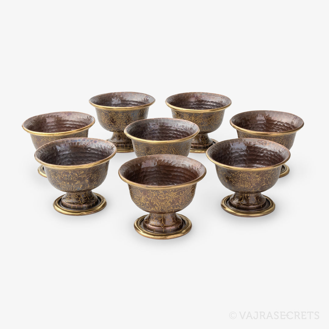 Gold-Trimmed Carved Copper Offering Bowls, 3 inch (Set of 8)