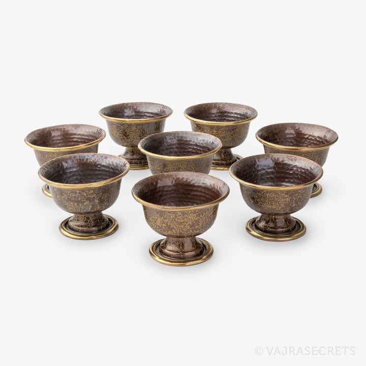 Gold-Trimmed Carved Copper Offering Bowls, 3 inch (Set of 8)