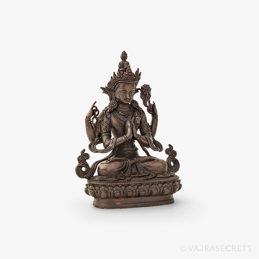 Chenrezig (Four Armed) Copper Statue, 4 inch