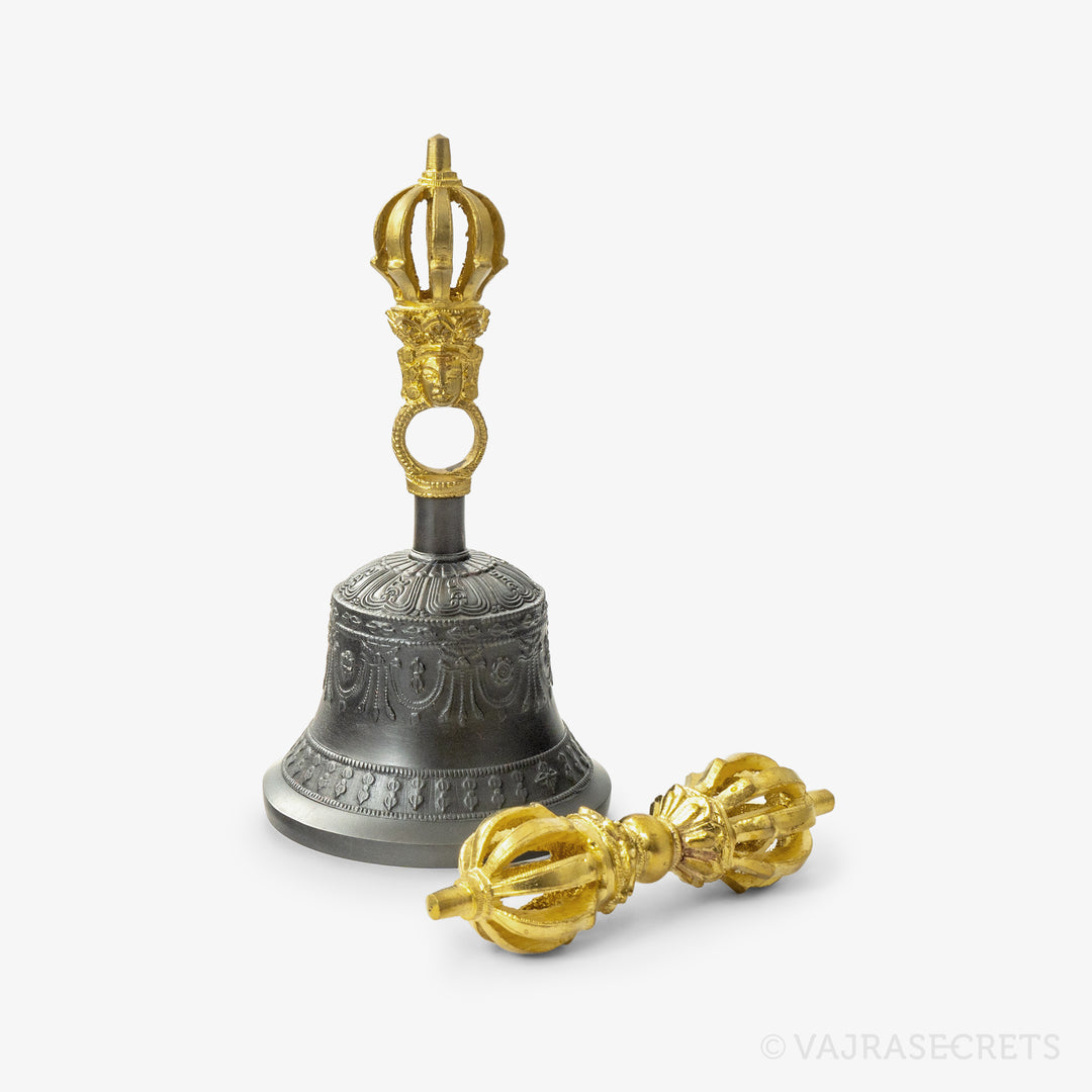 Dehradun Antique Finish 9-Spoke Vajra and Bell, 6.5 inch